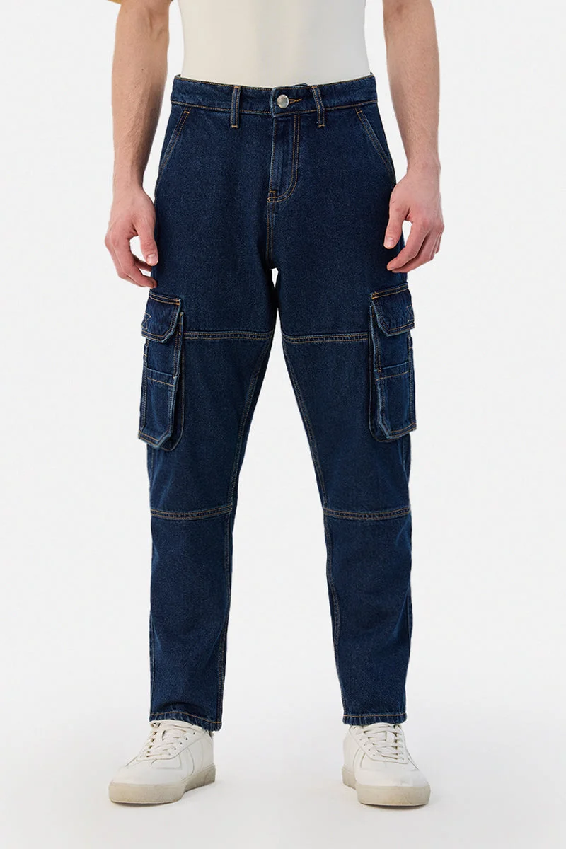 Snitch Blue Baggy 100% Cotton Six pockets Cargo Pants for Men | Best Price UAE
